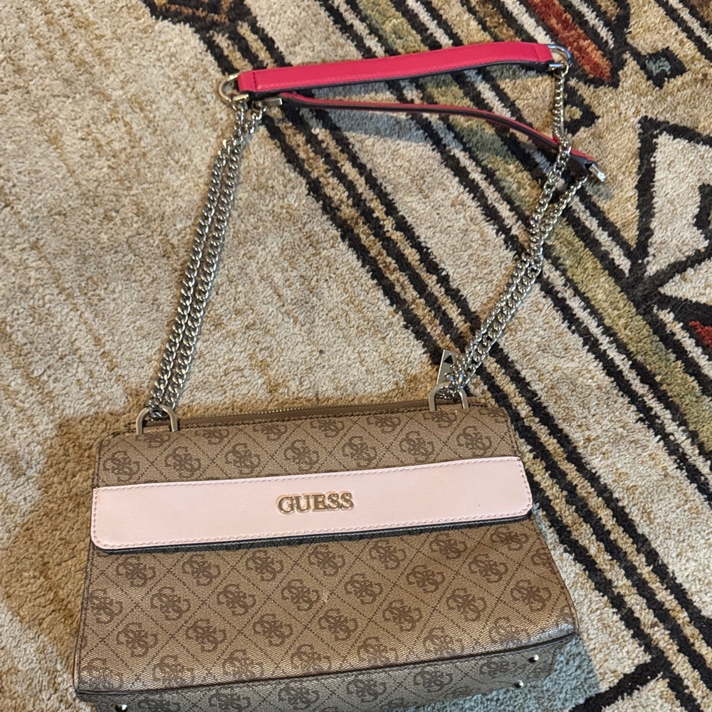 GUESS Tan and Pink Shoulder Bag
